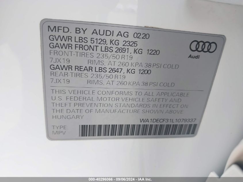 WA1DECF31L1079337 2020 Audi Q3 Premium 45 Tfsi S Line Quattro Tiptronic