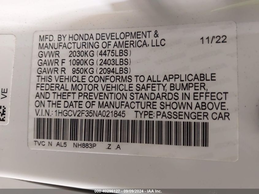 1HGCV2F35NA021845 2022 Honda Accord Sport 2.0T