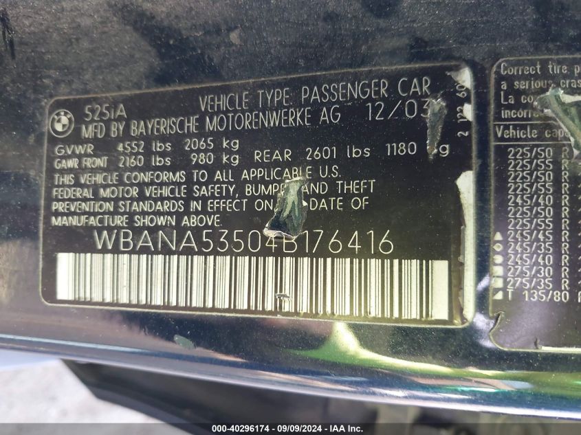 WBANA53504B176416 2004 BMW 525I