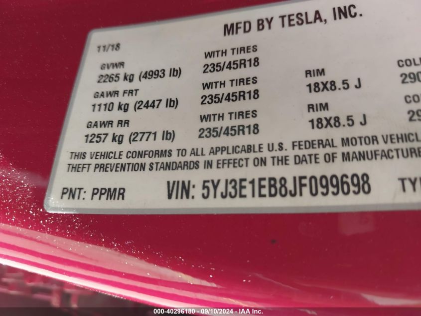 2018 Tesla Model 3 VIN: 5YJ3E1EB8JF099698 Lot: 40296180