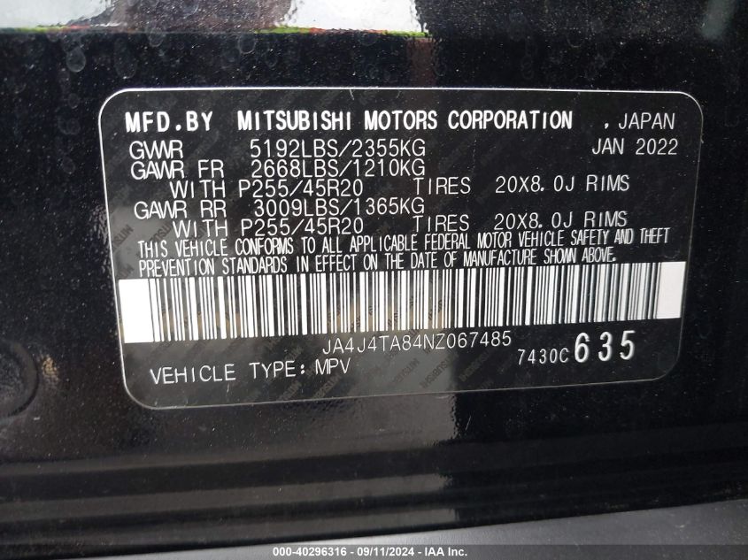 2022 Mitsubishi Outlander Es VIN: JA4J4TA84NZ067485 Lot: 40296316