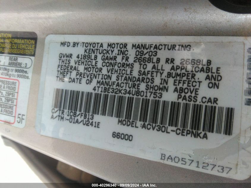 4T1BE32K34U801753 2004 Toyota Camry Le