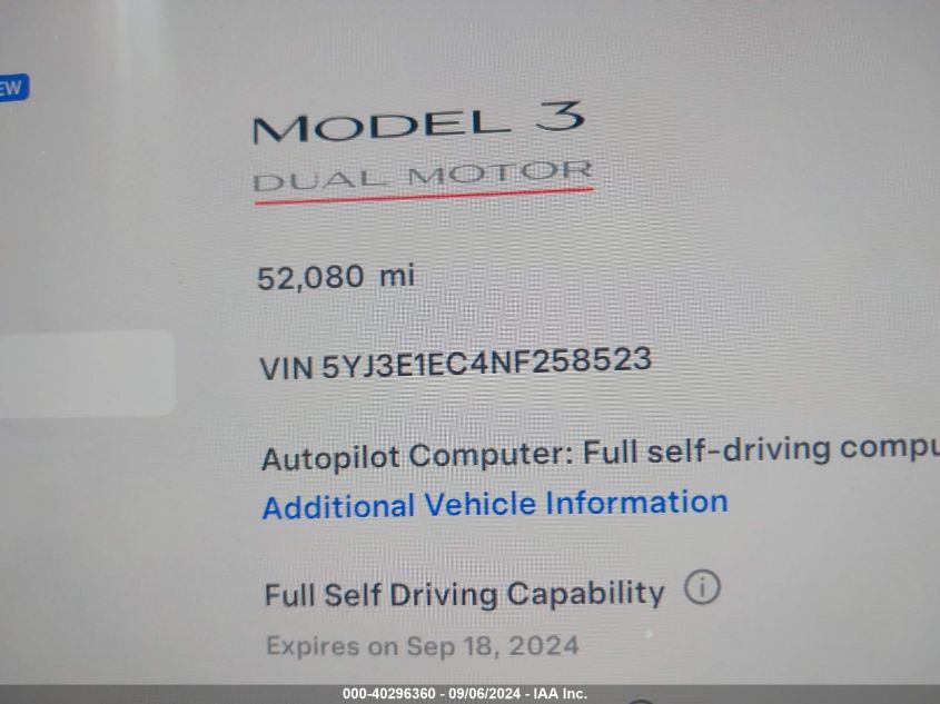 2022 Tesla Model 3 Performance Dual Motor All-Wheel Drive VIN: 5YJ3E1EC4NF258523 Lot: 40296360