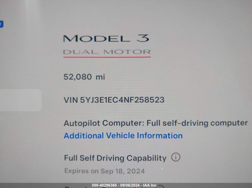 2022 Tesla Model 3 Performance Dual Motor All-Wheel Drive VIN: 5YJ3E1EC4NF258523 Lot: 40296360