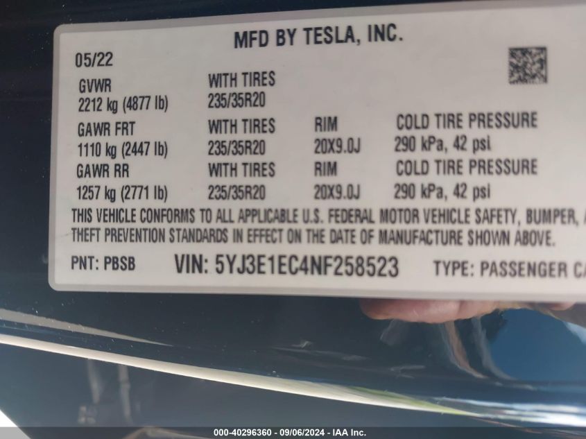 2022 Tesla Model 3 Performance Dual Motor All-Wheel Drive VIN: 5YJ3E1EC4NF258523 Lot: 40296360