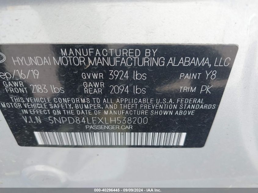 2020 Hyundai Elantra Sel VIN: 5NPD84LFXLH538200 Lot: 40296445