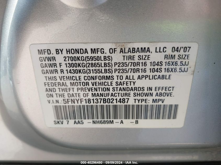 2007 Honda Pilot Lx VIN: 5FNYF18137B021487 Lot: 40296480