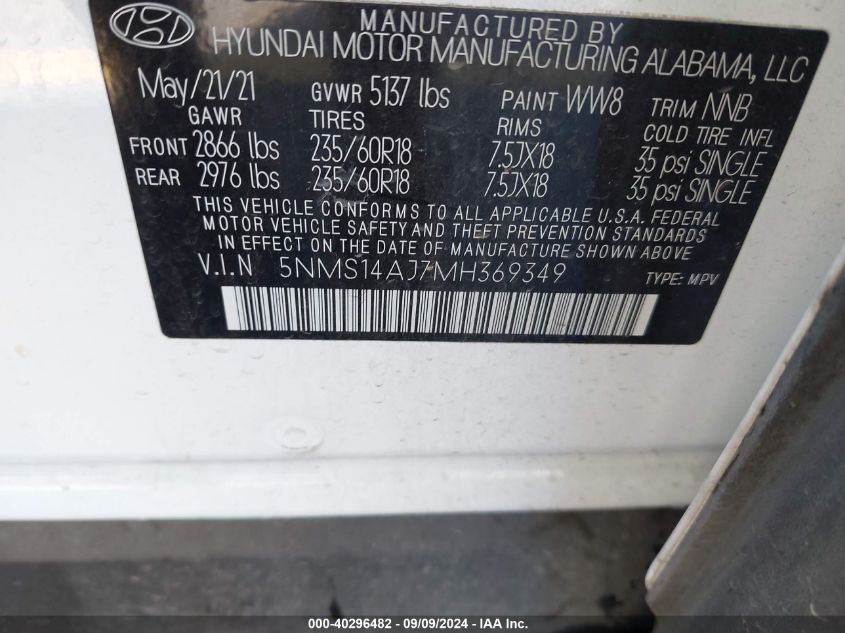 2021 Hyundai Santa Fe Se VIN: 5NMS14AJ7MH369349 Lot: 40296482