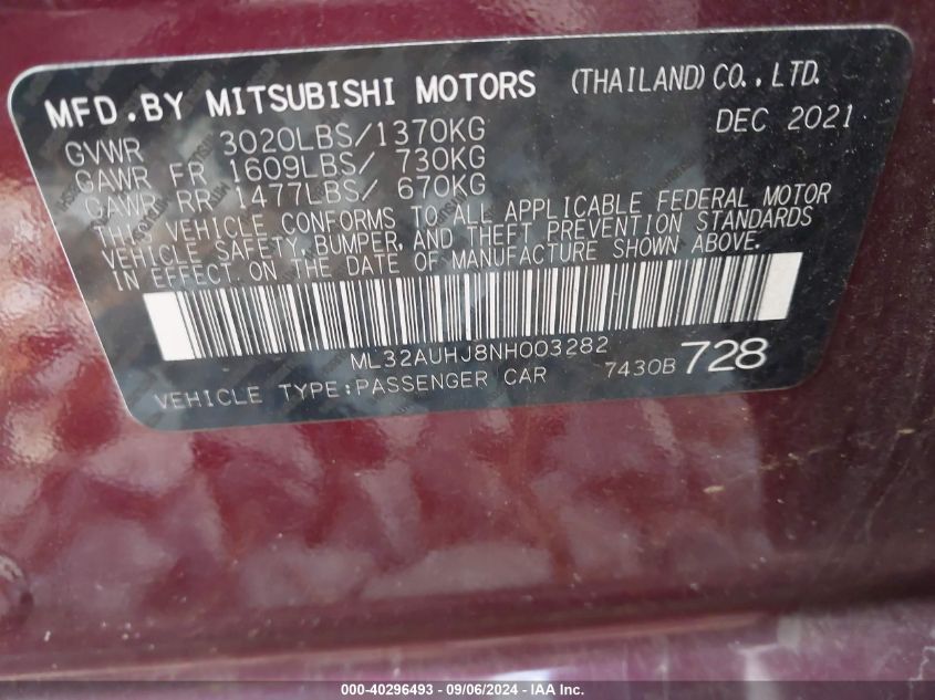 2022 Mitsubishi Mirage Es/Le VIN: ML32AUHJ8NH003282 Lot: 40296493