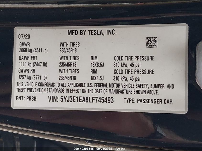 2020 Tesla Model 3 Standard Range Plus Rear-Wheel Drive/Standard Range Rear-Wheel Drive VIN: 5YJ3E1EA8LF745493 Lot: 40296545