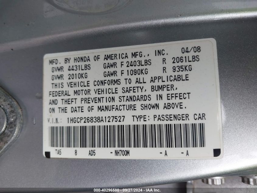 1HGCP26838A127527 2008 Honda Accord 2.4 Ex-L