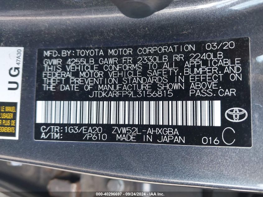 2020 Toyota Prius Prime Xle VIN: JTDKARFP9L3156815 Lot: 40296697