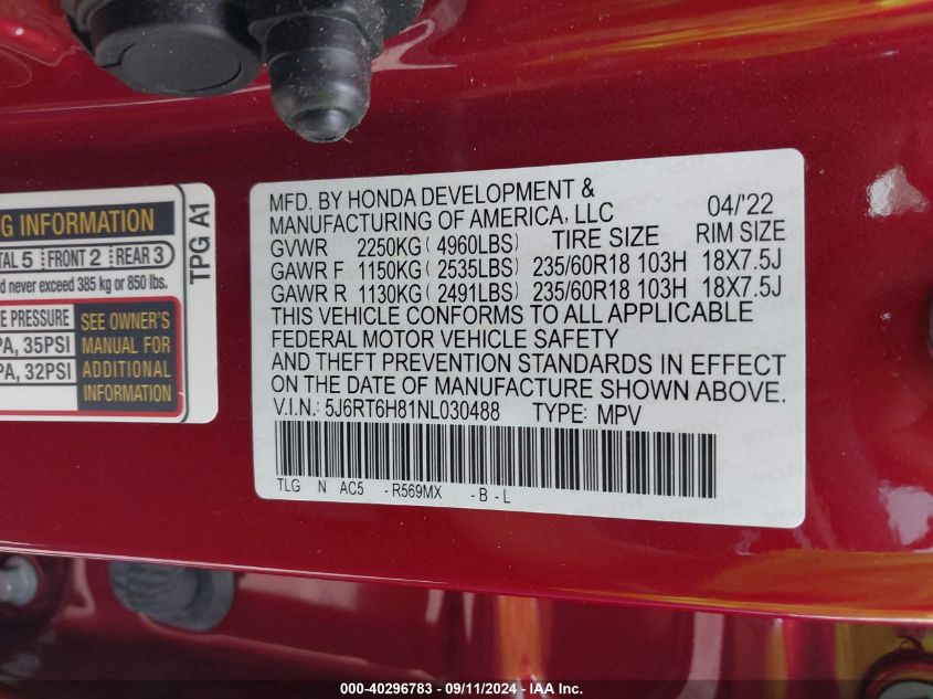 2022 Honda Cr-V Hybrid Ex-L VIN: 5J6RT6H81NL030488 Lot: 40296783