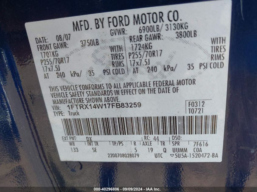 2007 Ford F-150 Fx4/Stx/Xl/Xlt VIN: 1FTRX14W17FB83259 Lot: 40296806