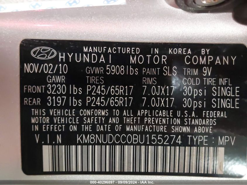 2011 Hyundai Veracruz Gls VIN: KM8NUDCC0BU155274 Lot: 40296897