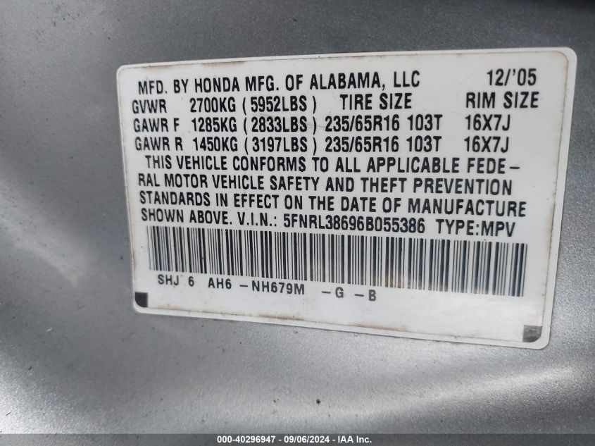 2006 Honda Odyssey Ex-L VIN: 5FNRL38696B055386 Lot: 40296947