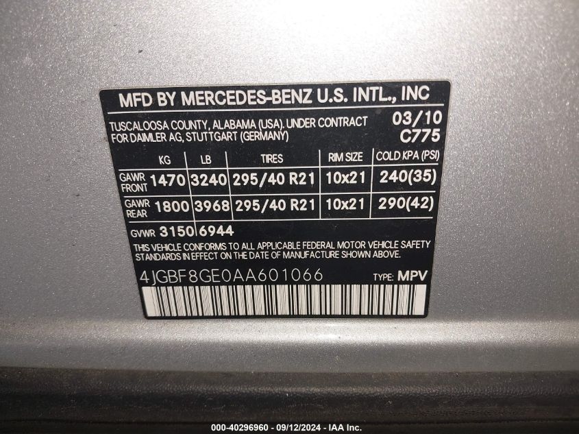 4JGBF8GE0AA601066 2010 Mercedes-Benz Gl 550 4Matic