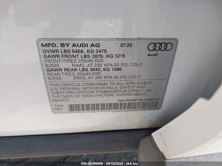 2020 Audi Q5 Premium Plus 45 Tfsi Quattro S Tronic VIN: WA1BNAFY4L2092732 Lot: 40296989