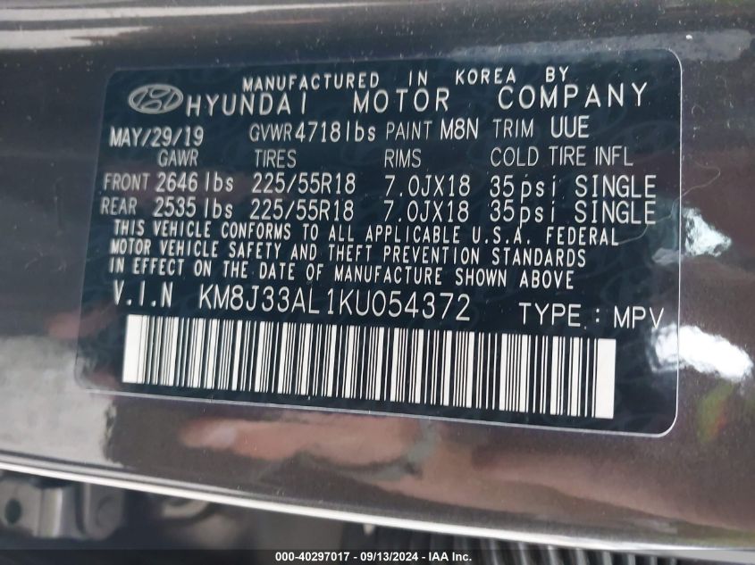 KM8J33AL1KU054372 2019 Hyundai Tucson Limited/Sel/Sport/Ultimate/Value/Night