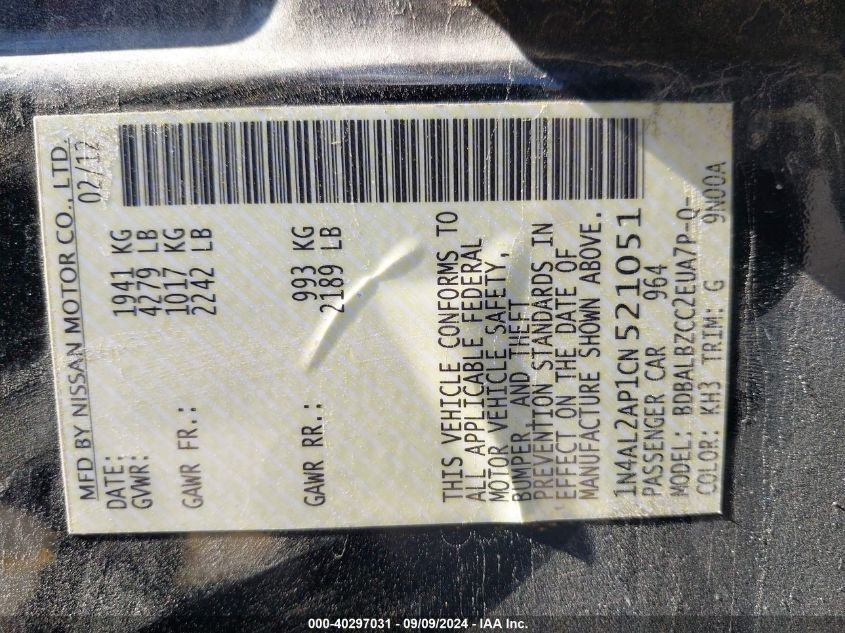 2012 Nissan Altima 2.5 S VIN: 1N4AL2AP1CN521051 Lot: 40297031