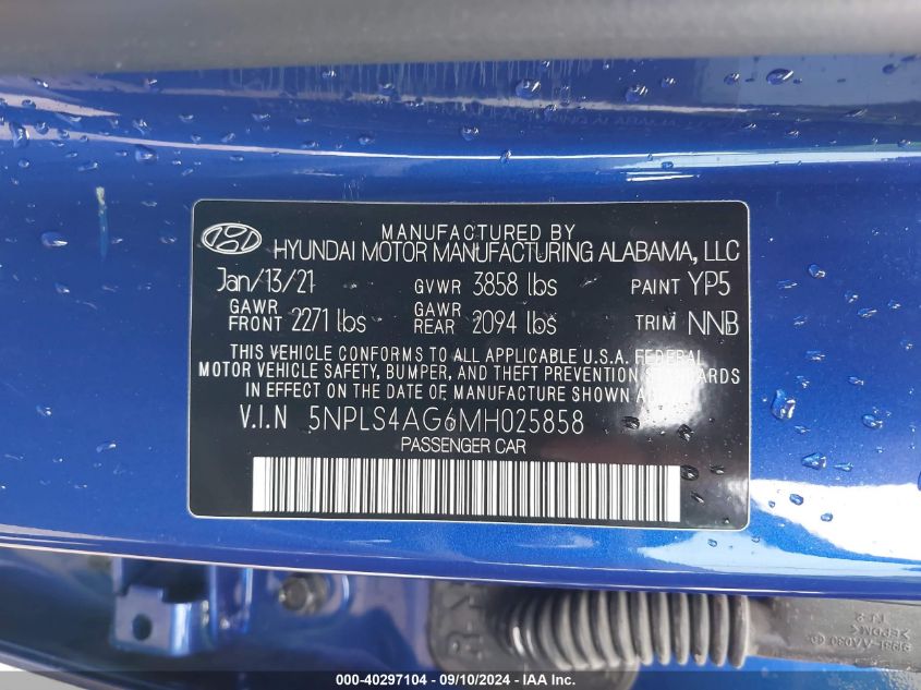 2021 Hyundai Elantra Sel VIN: 5NPLS4AG6MH025858 Lot: 40297104