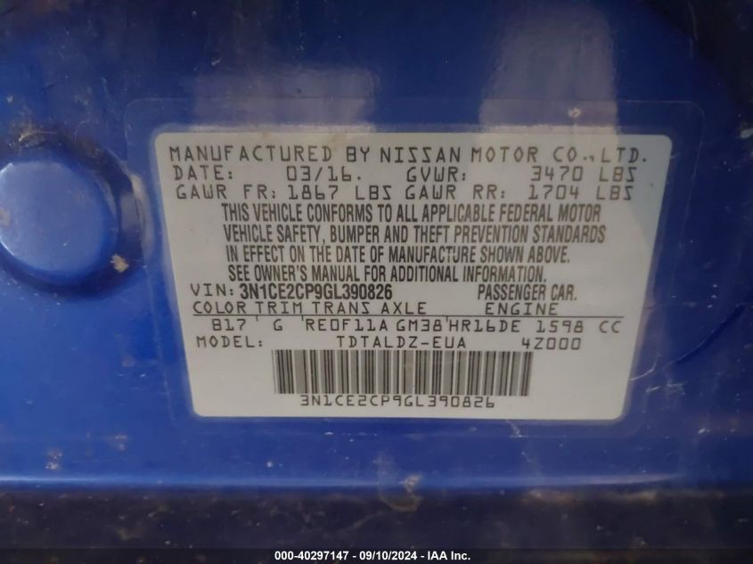 3N1CE2CP9GL390826 2016 Nissan Versa Note S (Sr)/S Plus/Sl/Sr/Sv