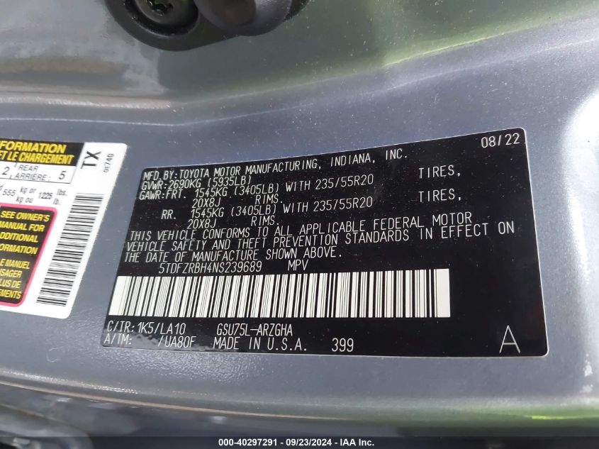 5TDFZRBH4NS239689 2022 Toyota Highlander Platinum