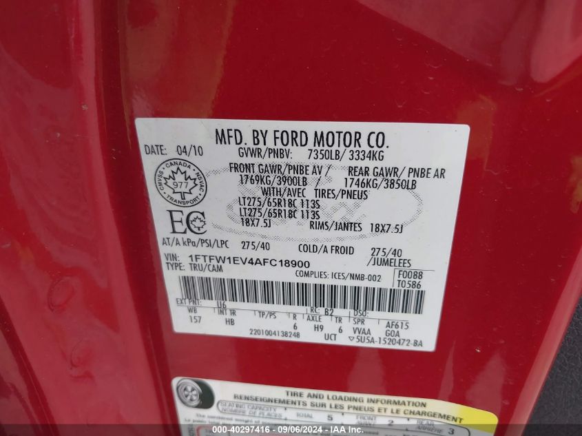 1FTFW1EV4AFC18900 2010 Ford F-150 Fx4/Harley-Davidson/King Ranch/Lariat/Platinum/Xl/Xlt