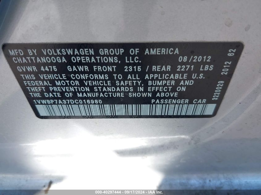 1VWBP7A37DC016980 2013 Volkswagen Passat 2.5L Se