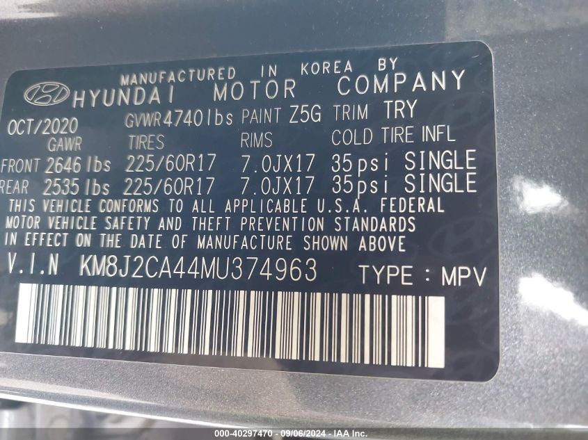 KM8J2CA44MU374963 2021 Hyundai Tucson Se