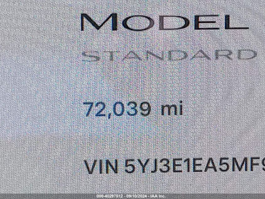 2021 Tesla Model 3 Standard Range Plus Rear-Wheel Drive VIN: 5YJ3E1EA5MF977437 Lot: 40297512