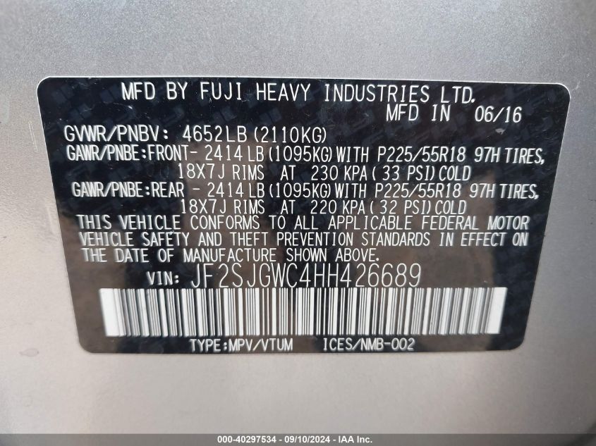 JF2SJGWC4HH426689 2017 Subaru Forester 2.0Xt Touring