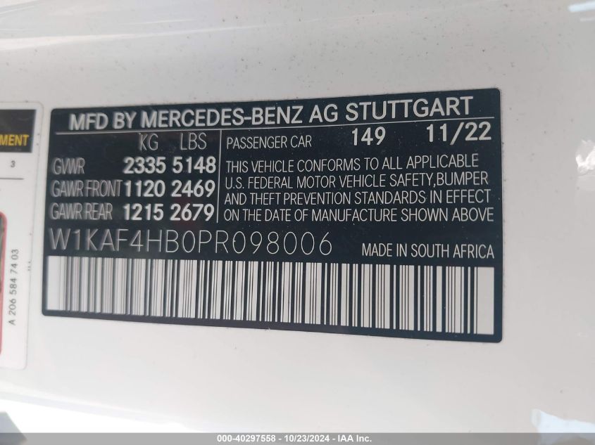 2023 Mercedes-Benz C 300 4Matic VIN: W1KAF4HB0PR098006 Lot: 40297558