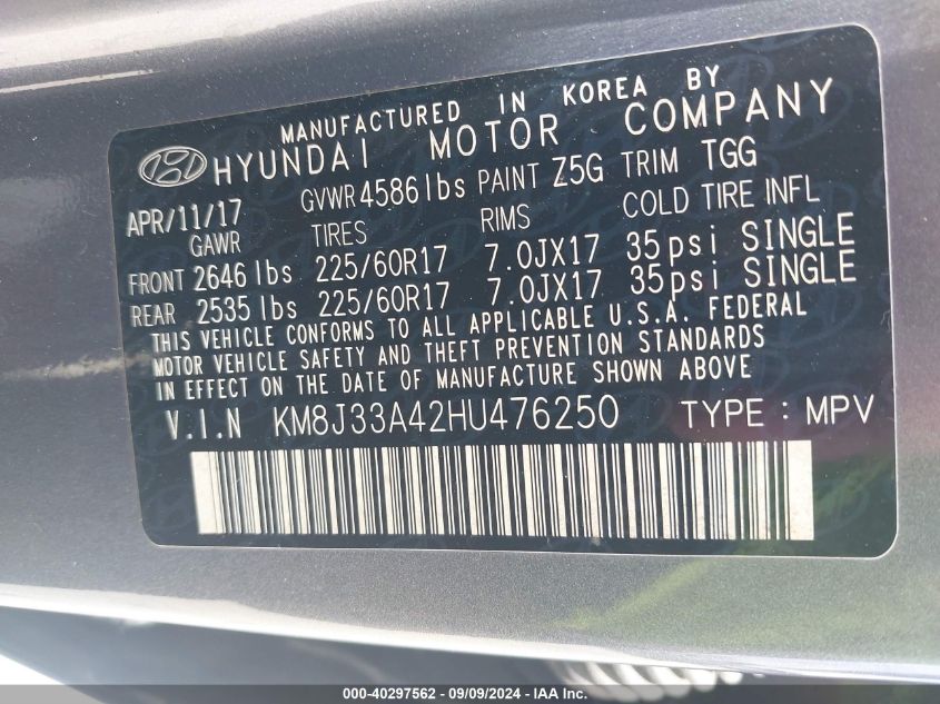 KM8J33A42HU476250 2017 Hyundai Tucson Se