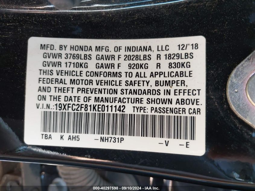 2019 Honda Civic Sport VIN: 19XFC2F81KE011142 Lot: 40297598