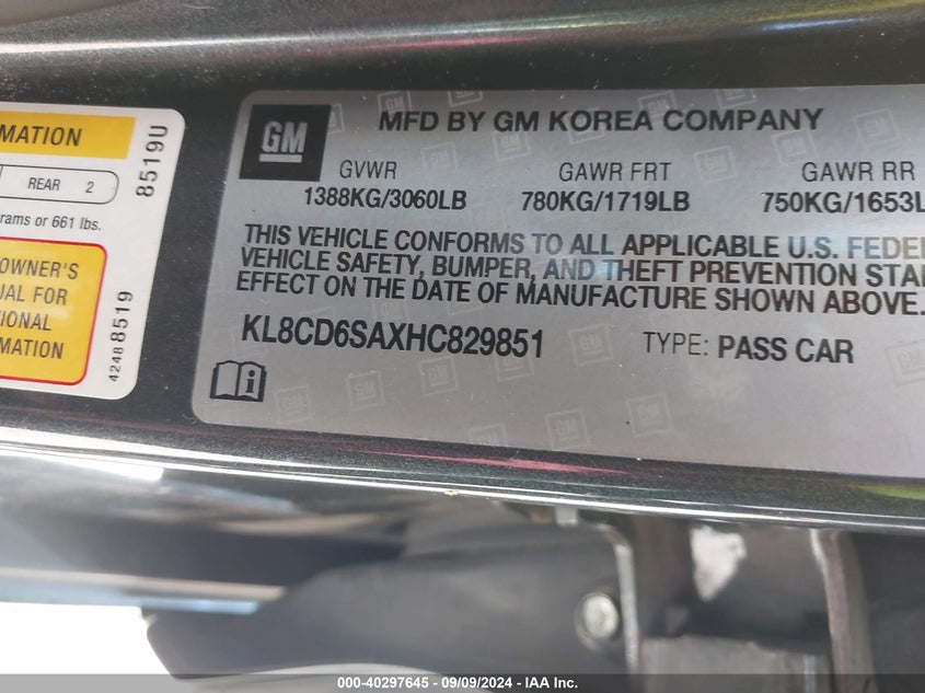 KL8CD6SAXHC829851 2017 Chevrolet Spark 1Lt Cvt