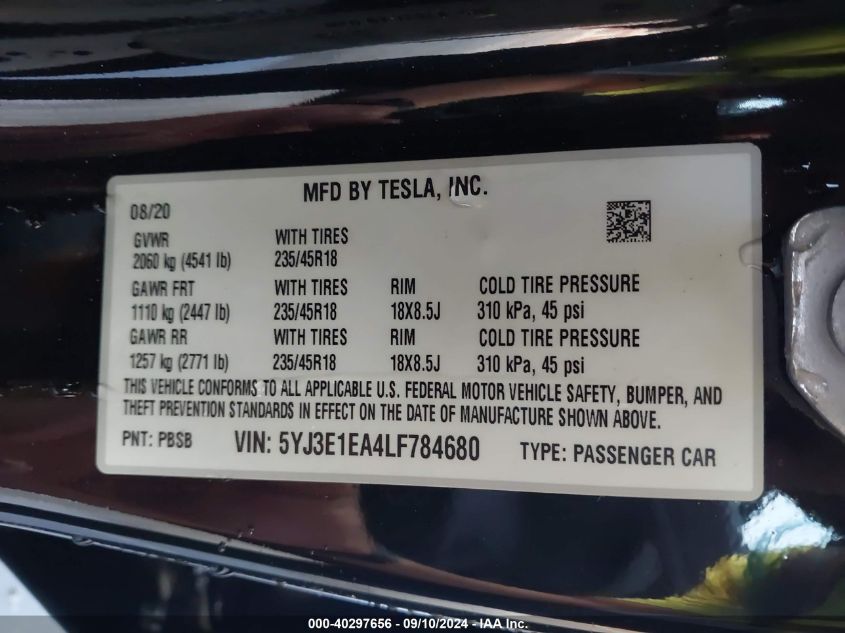 2020 Tesla Model 3 Standard Range Plus Rear-Wheel Drive/Standard Range Rear-Wheel Drive VIN: 5YJ3E1EA4LF784680 Lot: 40297656