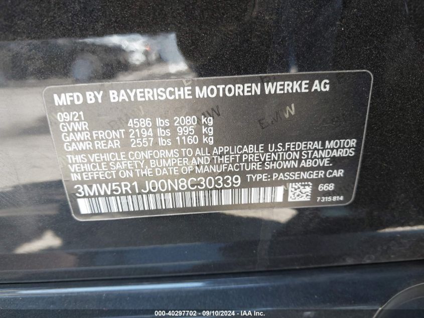 2022 BMW 330I VIN: 3MW5R1J00N8C30339 Lot: 40297702