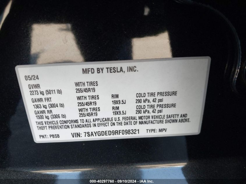 2024 Tesla Model Y VIN: 7SAYGDED9RF098321 Lot: 40297760