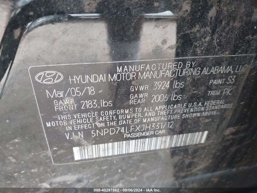 VIN 5NPD74LFXJH331712 2018 HYUNDAI ELANTRA SE