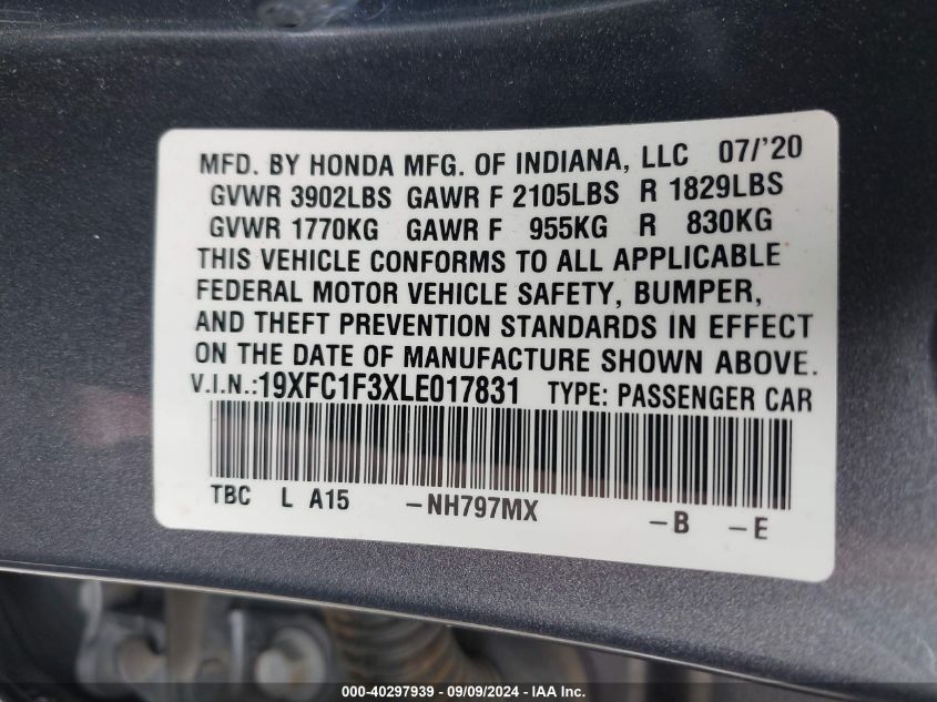 2020 Honda Civic Ex VIN: 19XFC1F3XLE017831 Lot: 40297939