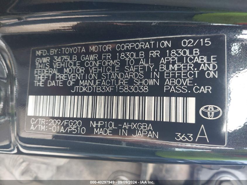 JTDKDTB3XF1583038 2015 Toyota Prius C Three