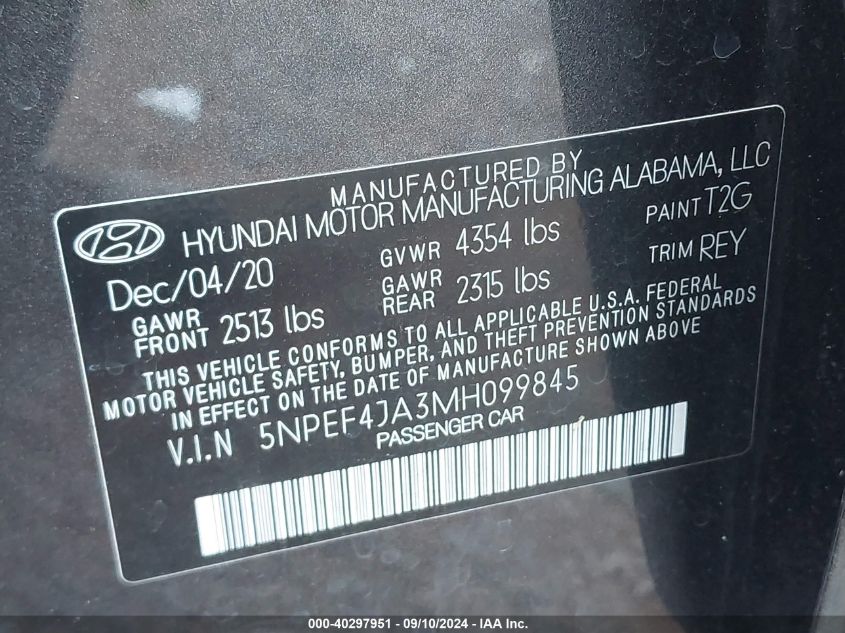 2021 Hyundai Sonata Sel VIN: 5NPEF4JA3MH099845 Lot: 40297951