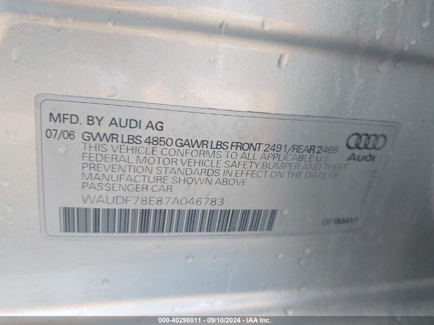 2007 Audi A4 2.0T VIN: WAUDF78E87A046783 Lot: 40298011