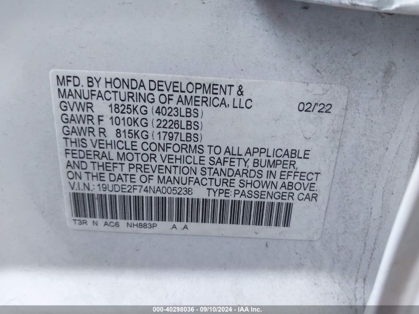 19UDE2F74NA005238 2022 Acura Ilx Premium Package