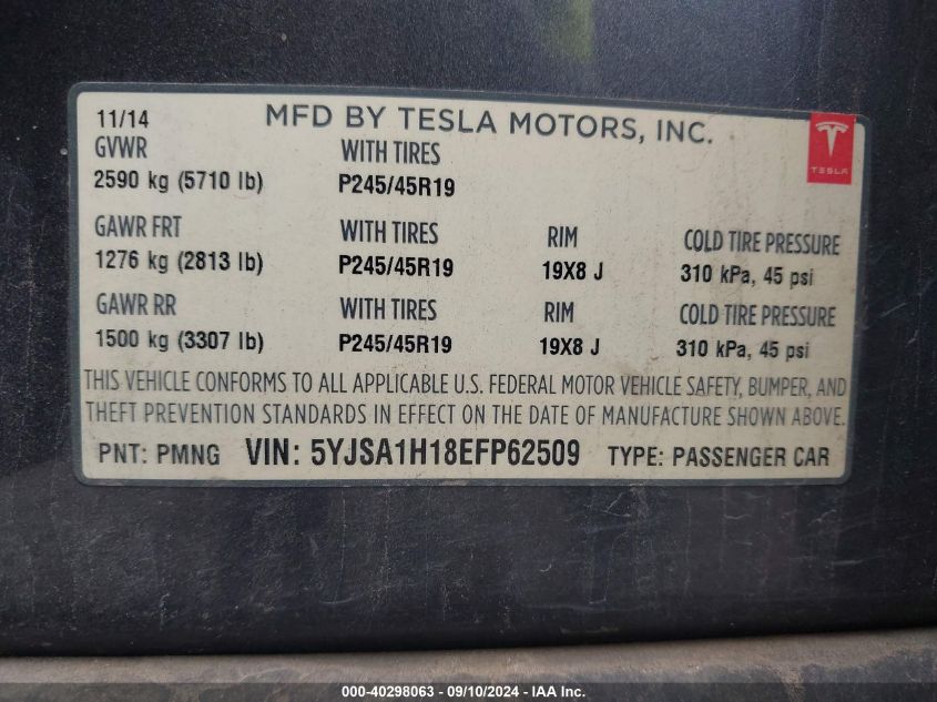 5YJSA1H18EFP62509 2014 Tesla Model S P85