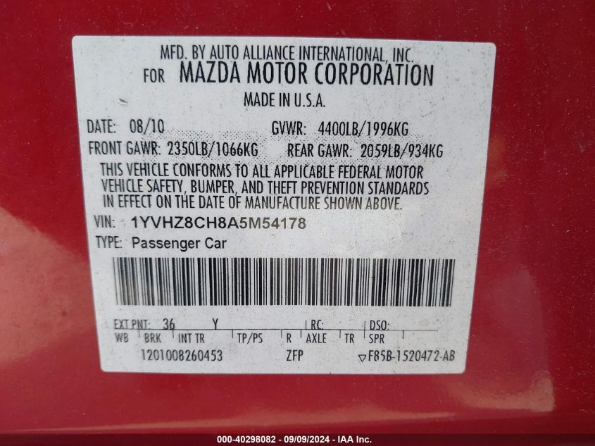 1YVHZ8CH8A5M54178 2010 Mazda Mazda6 I Touring