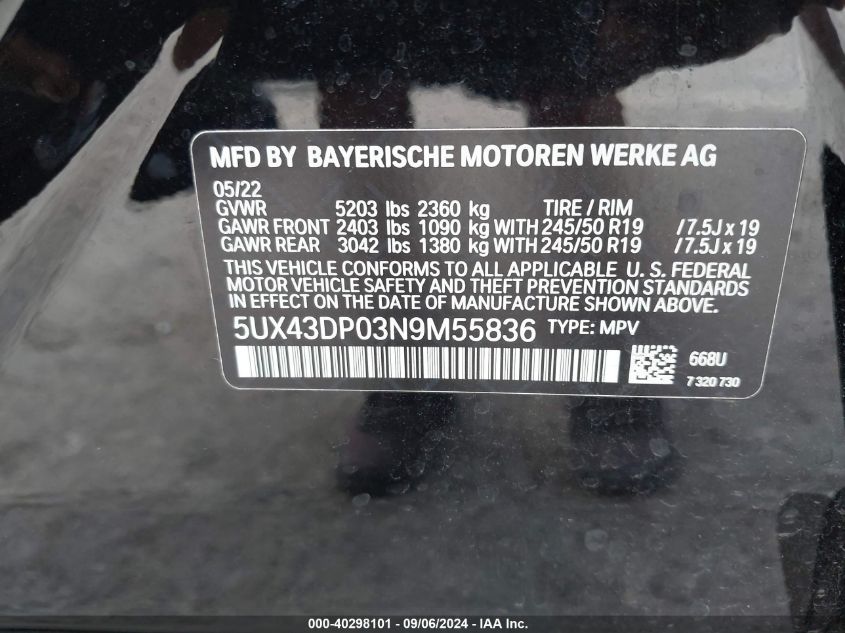 2022 BMW X3 Sdrive30I VIN: 5UX43DP03N9M55836 Lot: 40298101