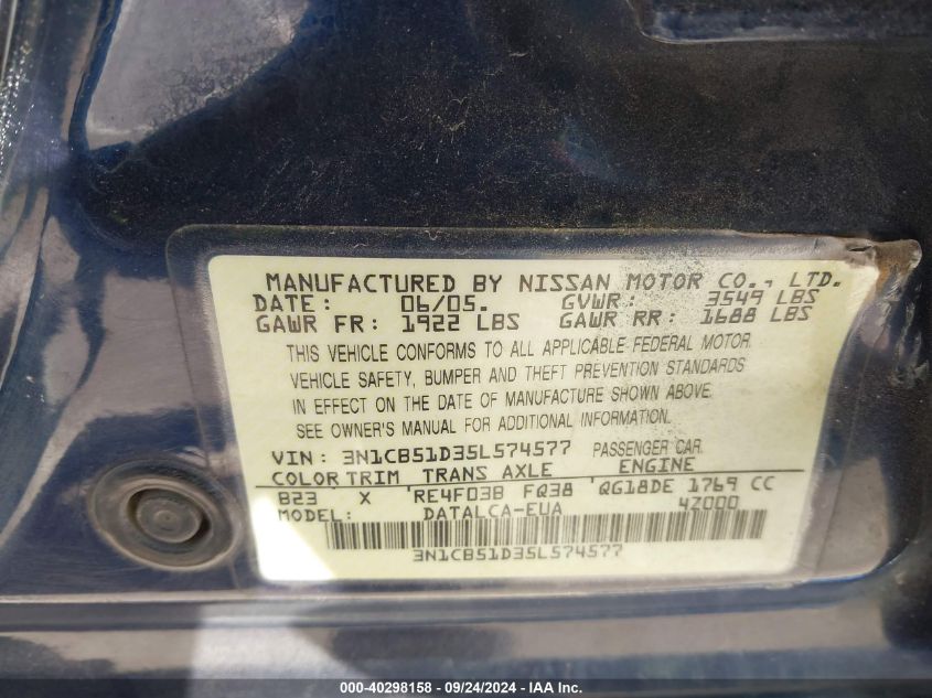 2005 Nissan Sentra 1.8 VIN: 3N1CB51D35L574577 Lot: 40298158