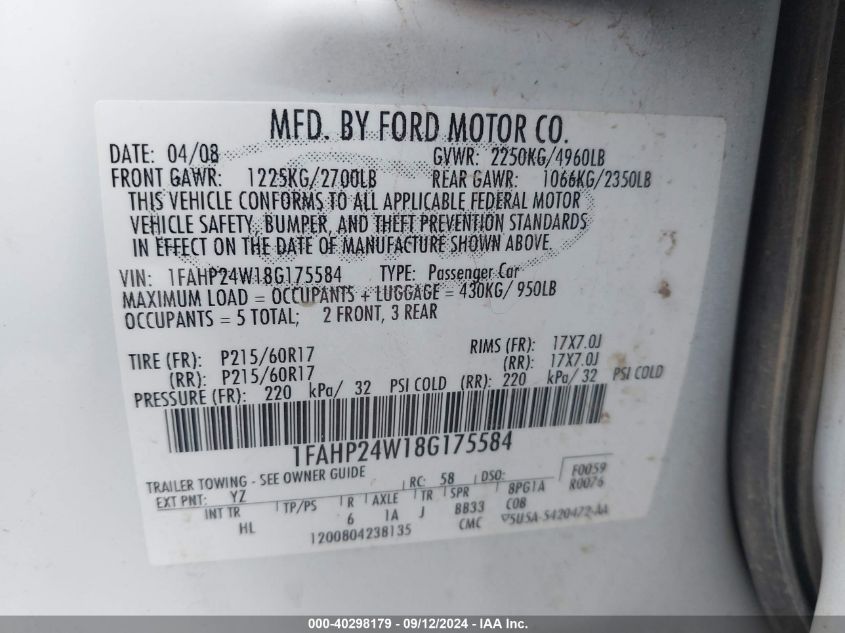 2008 Ford Taurus Sel VIN: 1FAHP24W18G175584 Lot: 40298179